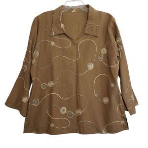 Women's Tan Linen Blend Embroidered Top, Estimated Size Med-Large